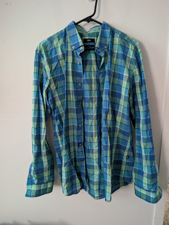 Hugo Boss Other - Hugo Boss Slim Fit Blue And Green Plaid Mens Dress Shirt Size Large